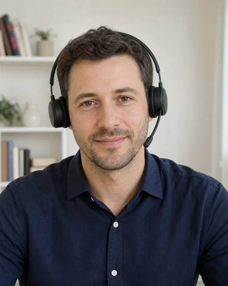Commercial avec un casque et un micro, à l’écoute de son interlocutrice en visioconférence